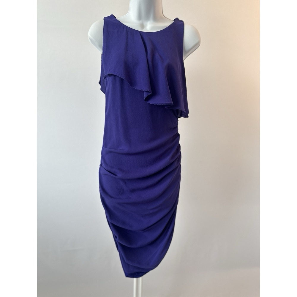 BCBG Max Azria Dark Regal Blue Purple Gathered Bodycon Sexy Silk Dress XS (b64)